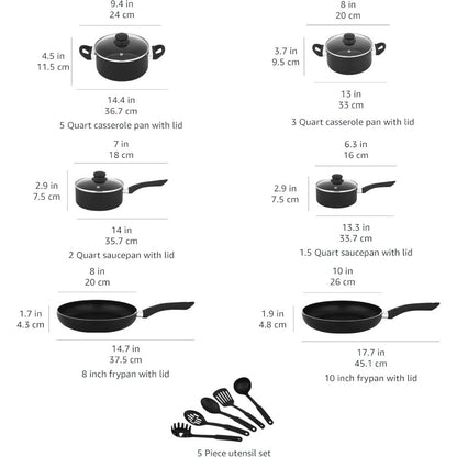 Conjunto de Panelas e Utensílios de Cozinha Antiaderentes com 15 Peças para Culinária Doméstica Não Compatível com Fogões de Indução Inclui Panelas Frigideiras Resistentes e Utensílios Essenciais