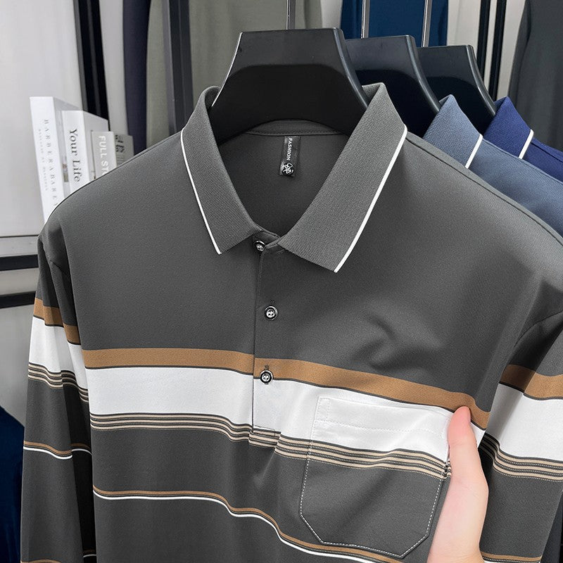 High quality stripe men's long sleeve polo shirt fashion luxury pocket middle-aged business casual color blocked comfort T-shirt