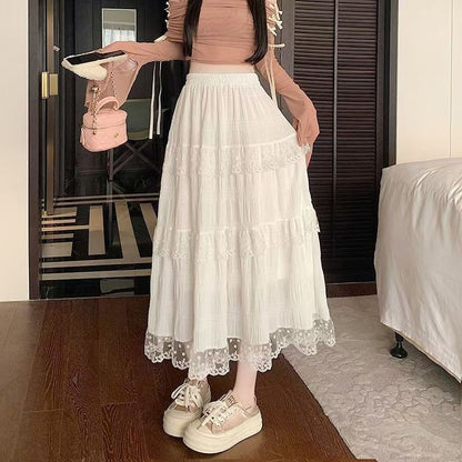 Summer Autumn Women Long Skirts Vintage High Waist Elastic Lace White Chic Long Cake A Line Skirt