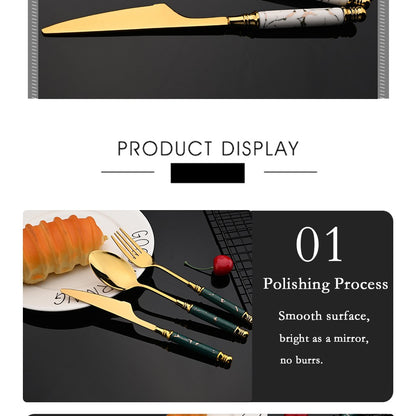 New Green Gold Ceramic Handle Dinnerware Cutlery Set Stainless Steel Tableware Western Knife Fork Spoon Flatware Silverware Set
