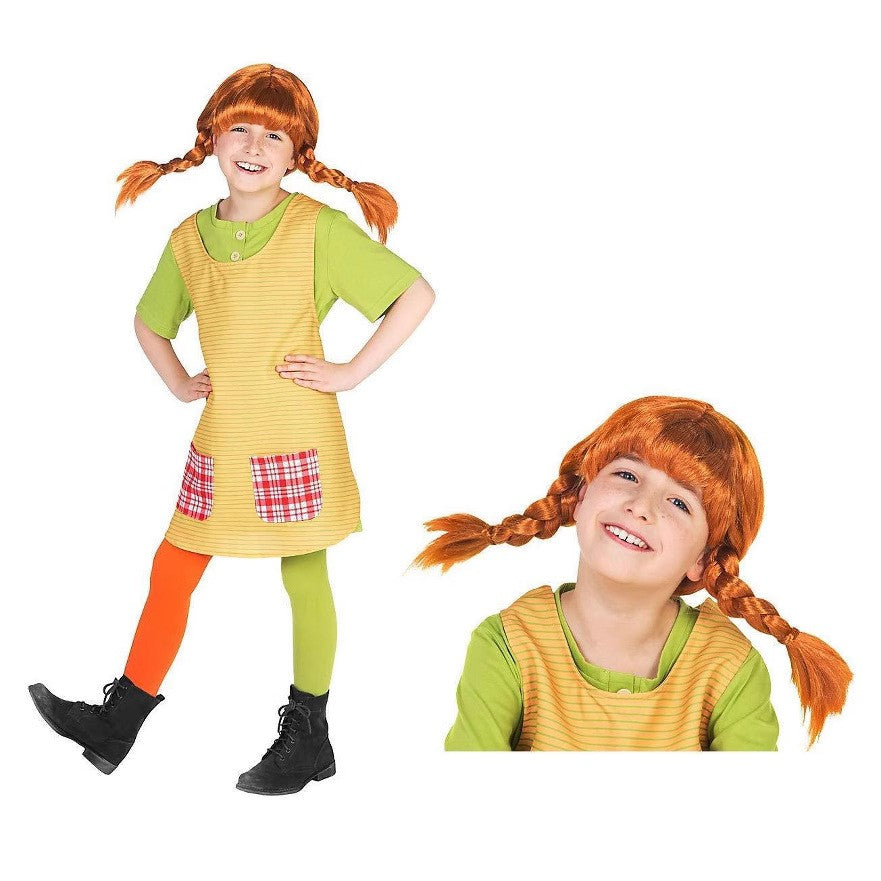 Pippi Longstocking Cosplay Costume Full Set Green T-Shirt Apron Colorful Stockings Halloween Book Character Outfit