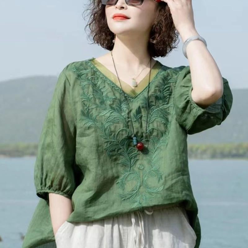 Summer New Literary Vintage Embroidery Cotton Linen Shirt Ladies Half Sleeve Loose Casual Fashion Blouse Women's Clothing Tops