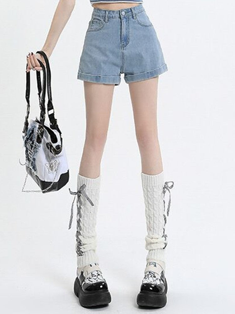 Summer 2024 New Women Rolled Edge Hot Denim Shorts Lady Korean Mini Pants Girls Elastic Blue Black Black Gray A Line Short Jeans