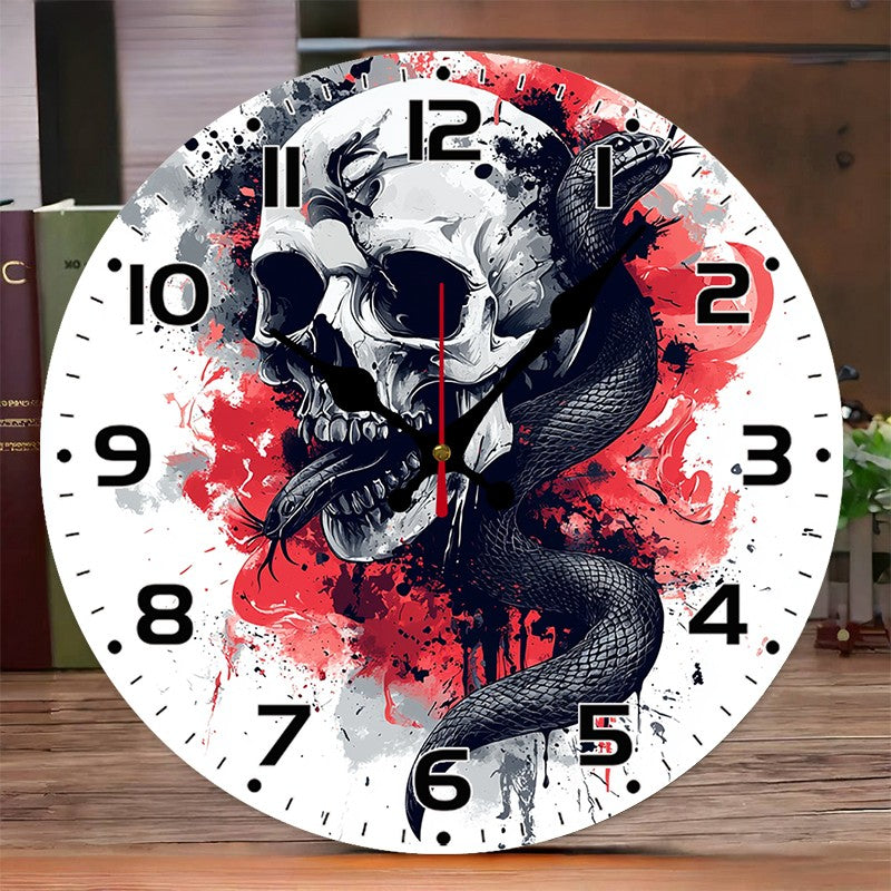 Evil Skull Wooden Round Silent Hanging Wall Clock, Suitable For Living Room, Office, Study Room, Bedroom, Home Decoration