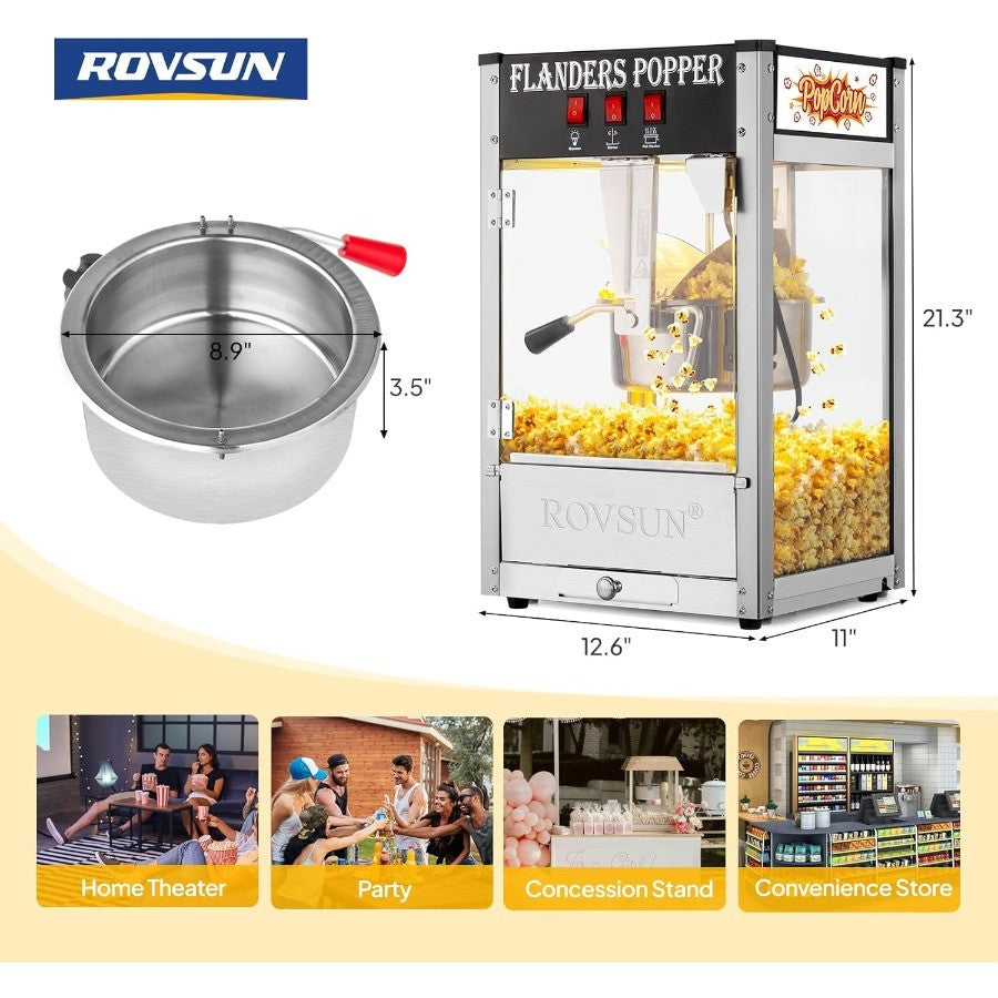 Máquina de pipoca comercial com chaleira de 8 onças, produz até 32 xícaras de pipoca fresca, ideal para cinemas residenciais e en