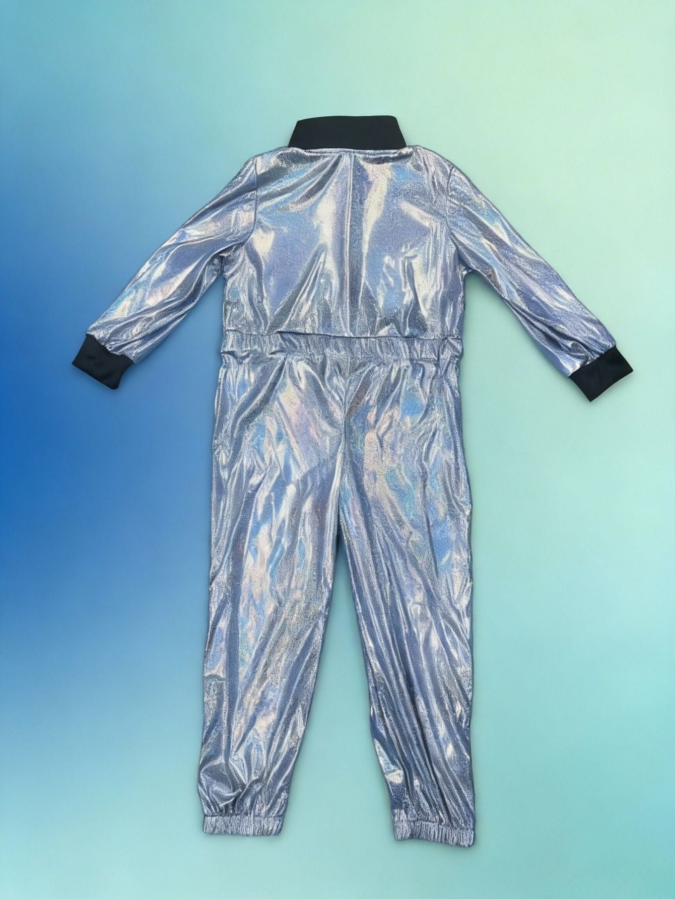 Shimmer silver astronaut jumpsuit with badge decor for kids themed parties and role playing games