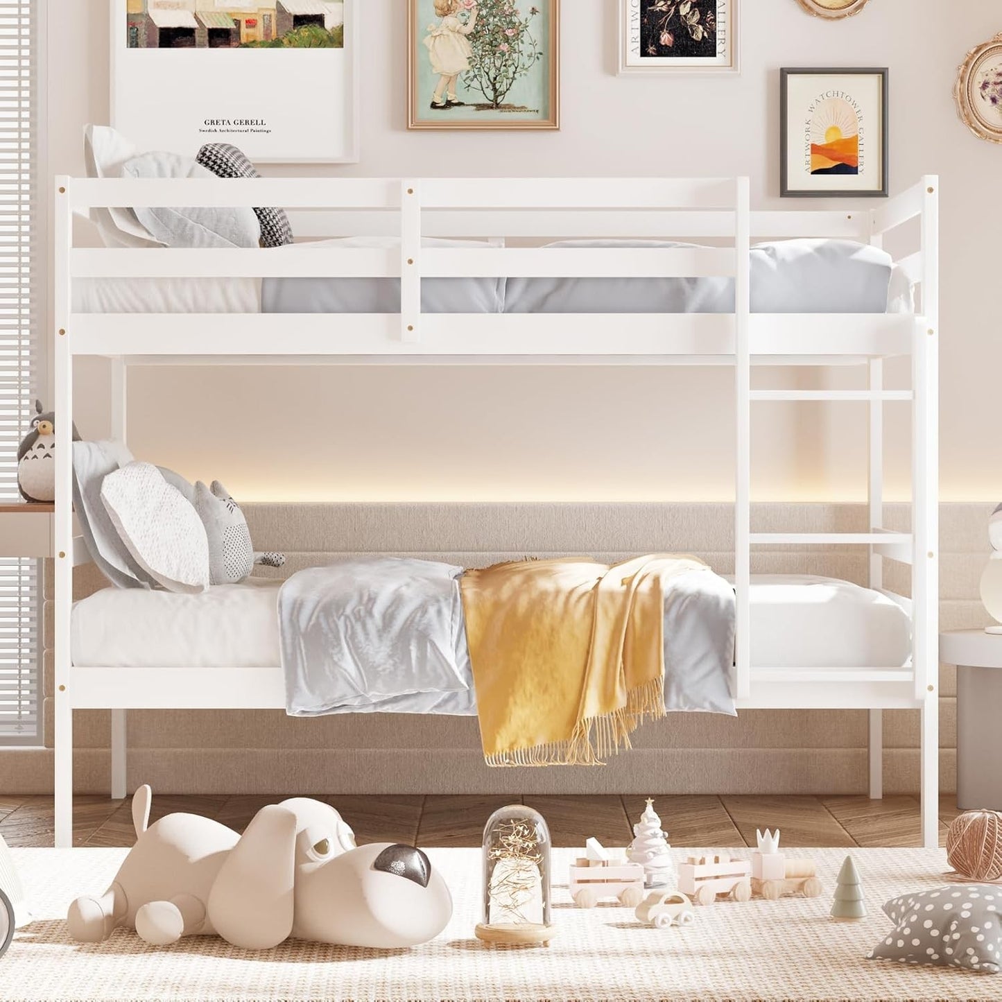 Beliche de Madeira Maciça Branca Twin Over Twin com Escada Resistente e Grades de Proteção de 12 Polegadas, Cama de Madeira Tamanho Twin F