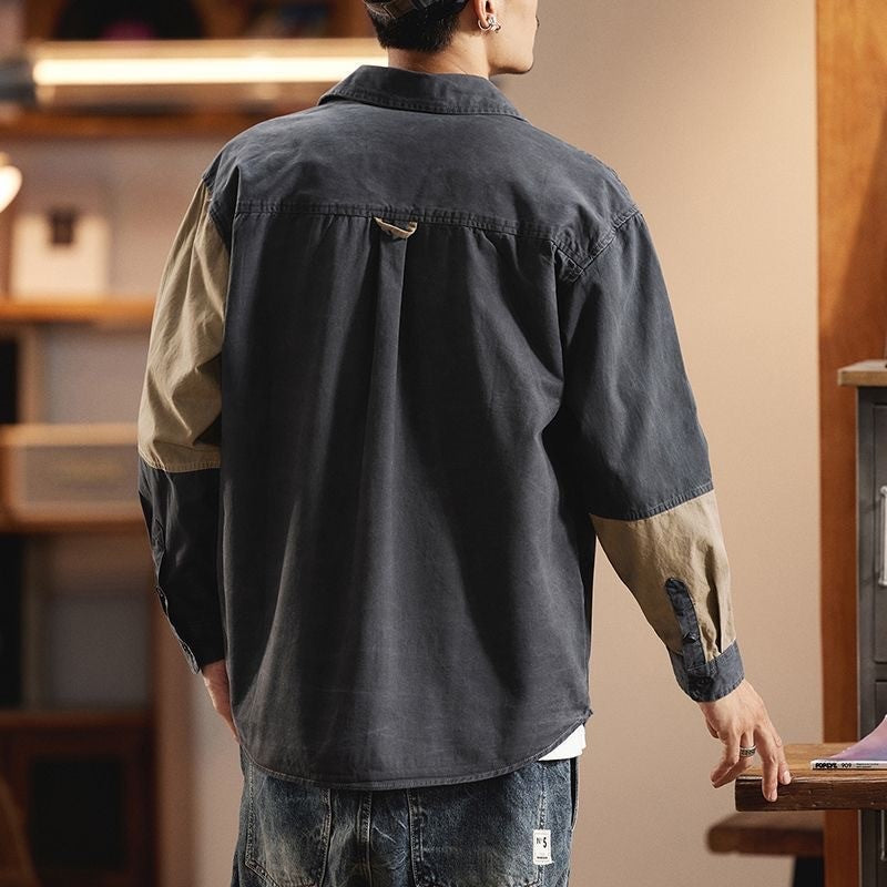 Vintage Heavy Weight Carbon Grinding Patchwork Shirts Mens Spring Autumn Trendy Long Sleeves Cargo Shirt Streetwear Casual Tops