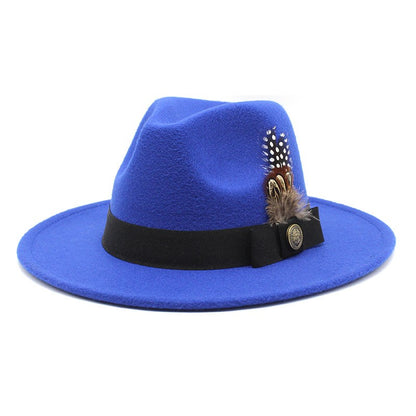 White Woolen Gentleman Classic British Jazz Feather Top Hat Wide Brim Party Church Wedding Fedora Hats Men Women Panama Felt Cap