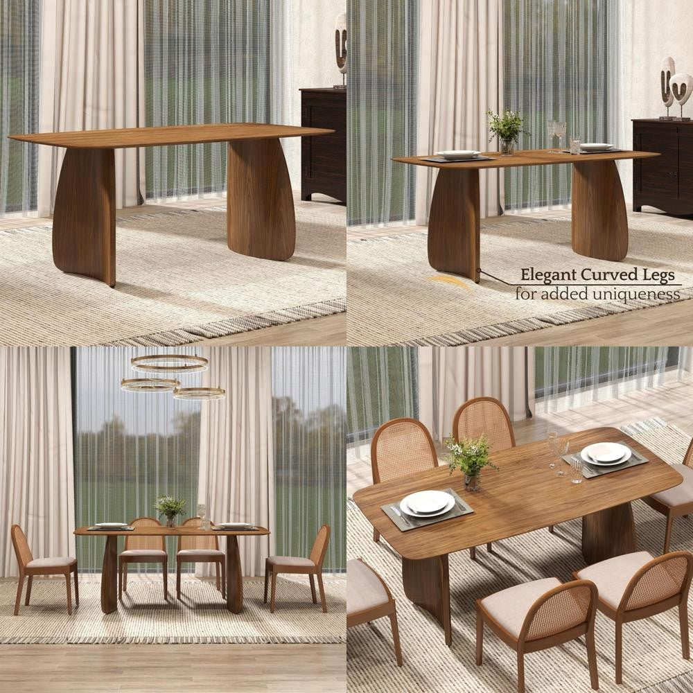 large walnut rectangular pedestal dining table for 6-8 people, 71" mid-century modern wood