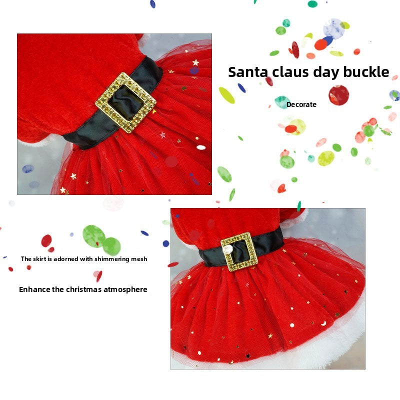 Vestido Festivo para Cães Fantasia Papai Noel Saia de Malha Vermelha Tecido Veludo Dourado Roupa para Pet Festa Aniversário Ano Novo