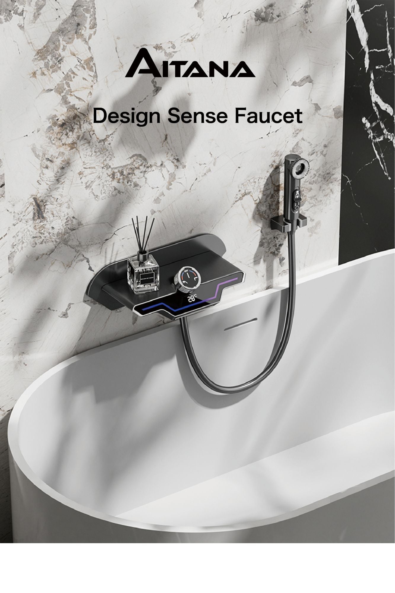 Luxury black brass wall mounted thermostatic bathroom faucet with LED digital display design, embedded hot and cold bathtub Tap