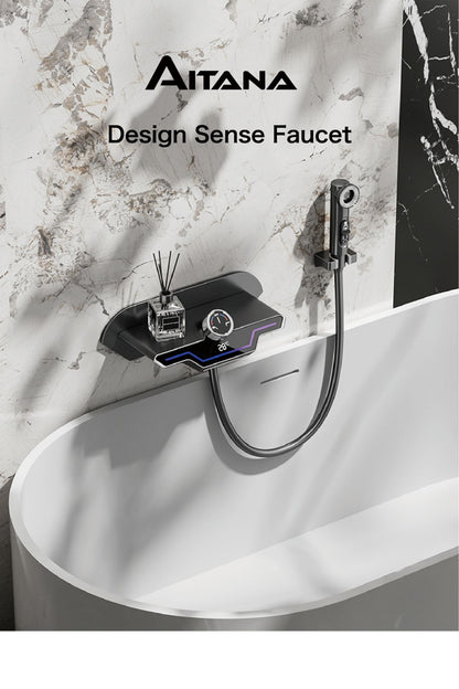 Luxury black brass wall mounted thermostatic bathroom faucet with LED digital display design, embedded hot and cold bathtub Tap
