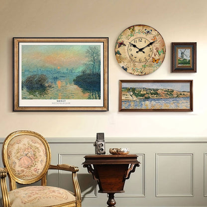 1pc 10-16inch wooden wall clock, retro flower and colorful butterfly design wall clock, silent clock, suitable for living room b