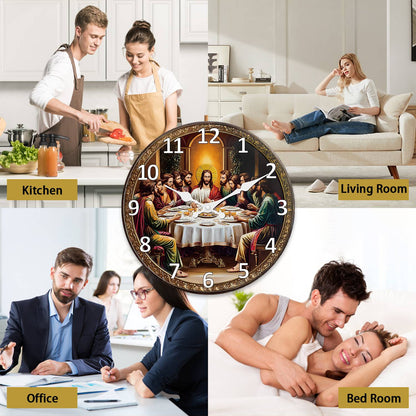 A Retro Religious“The Last Dinner” Wooden Wall Clock Living Room Bedroom Kitchen Home Decoration Wall Clock Silent Quartz Clock Holiday Gift 10 Inches 12 Inches 14 Inches 16inch (Without Batteries)
