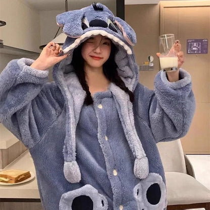 Robe de Dormir Unissex Disney Stitch Forrada de Lã Quente, Roupa de Casa, Robe de Material Macio, Conjunto de Pijama Masculino Feminino, Robe de Lã Coral de Inverno, Brinquedos