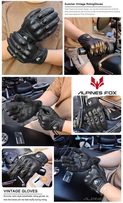 Luvas de Couro Perfurado Retrô de Verão para Motocicleta Masculino Feminino Luvas de Dedo Completo para Motocross Motoqueiro Guantes Moto Equipamento M-XXL