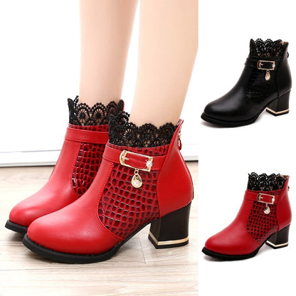 Women'S Ladies Boots Fall Winter Vintage Leather Lace Short Boots Shoes Women'S Fashion Lace Trim Boots Mid-Heeled Boots