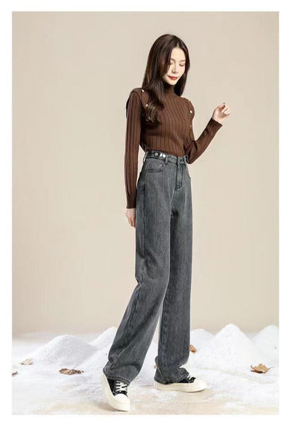 Thickened Fleece Lined Retro Women's Wide Leg Jeans Winter New Style Hong Kong Flavor Small Size Straight Cut Warm Trousers