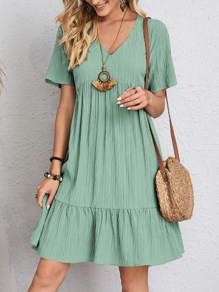 Elegant Solid V Neck A Line Dress 2024 New Summer Ruffles Loose Mini Dress Casual Short Sleeve Beach Party Vestidos Streetwear