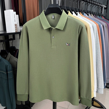 100% pure cotton spring and autumn fashionable men's collar striped long sleeved polo shirt with micro seal dog embossed design