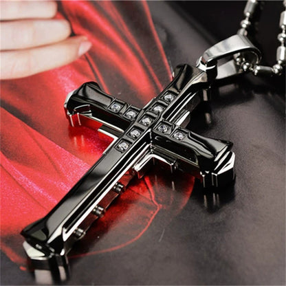Moda Masculina Nova Cruz de Cristal Jesus Pingente Cor Dourada/Preta/Azul Zircônia Colar Corrente de Bambu Joias Presentes
