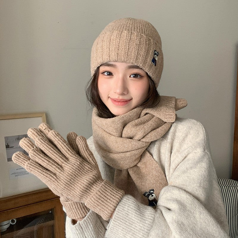 Embroidered Puppy Knitted Hat Scarf Gloves Three-Piece Set for Women Winter Warmth Earflap Beanie