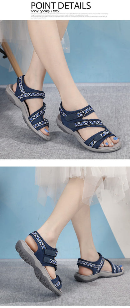Spring And Summer Printed Velcro Comfortable Casual Beach Flat Sandals For Women's Ethnic Style Leisure Comfortable And Simple