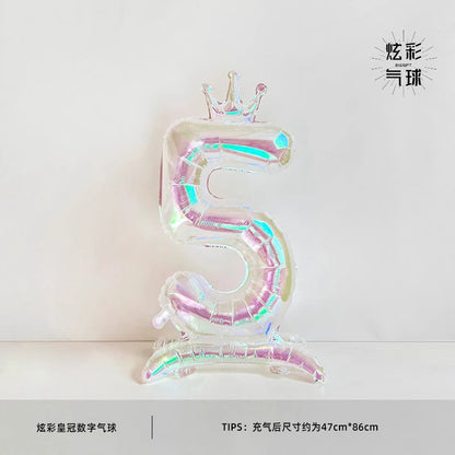 32Inch Transparent Colorful Crown Digital Aluminum Film Balloon with Base Happy Birthday Party Decor Kids Adults Baby Showers