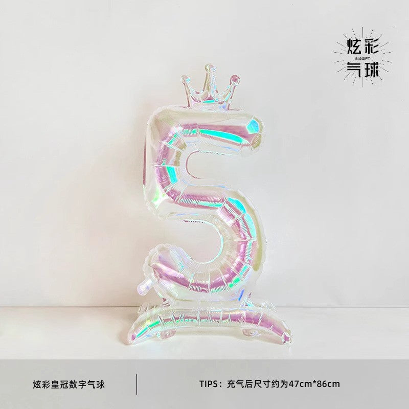 32Inch Transparent Colorful Crown Digital Aluminum Film Balloon with Base Happy Birthday Party Decor Kids Adults Baby Showers