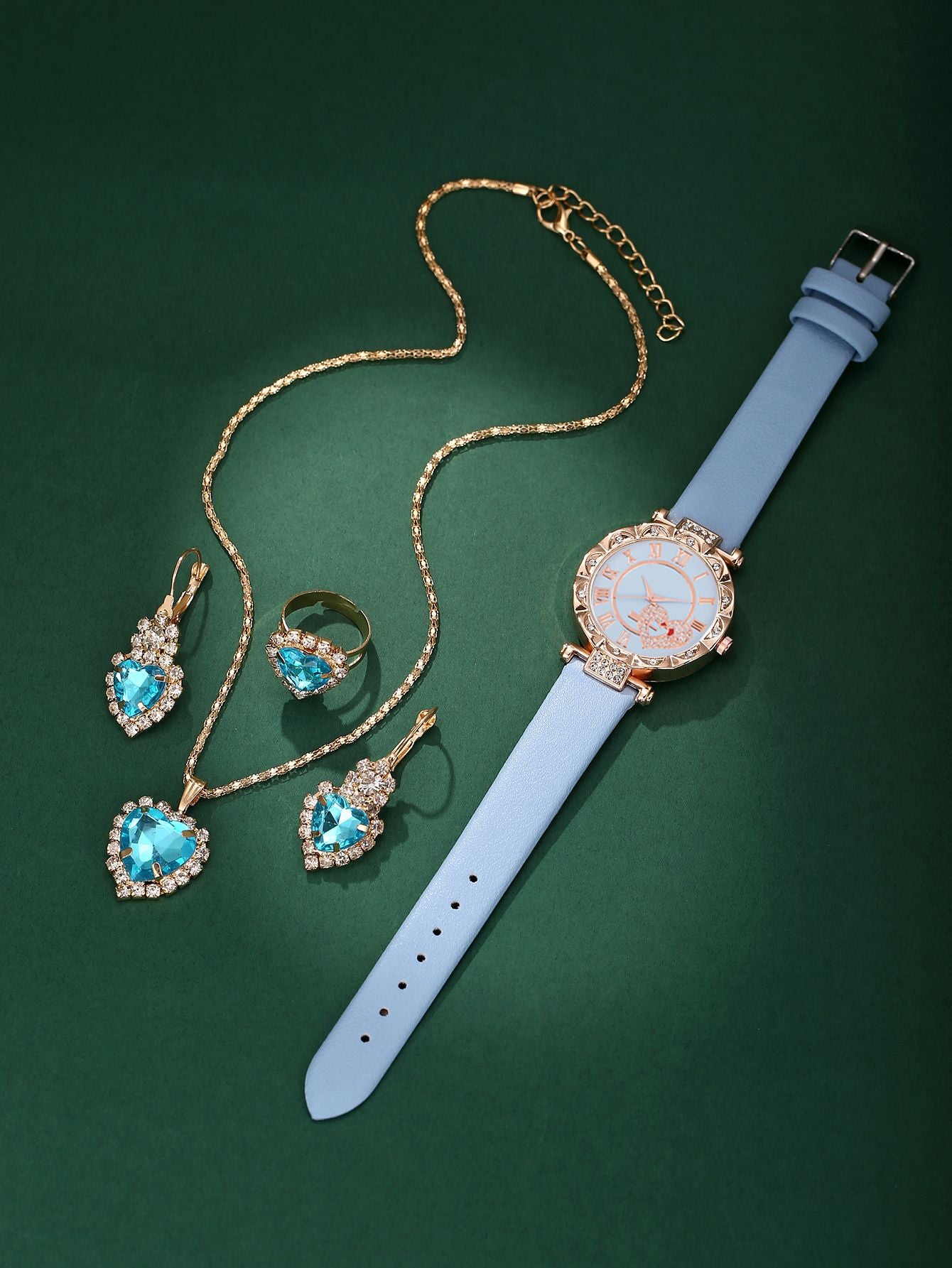 5PCS Wo5PCS Women's Love Set Diamond Dial Fashion men's Love Set Diamond Dial Fashion Versatile Alloy Case Pointer Leather Watch