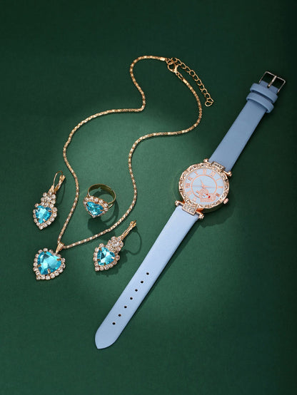 5PCS Wo5PCS Women's Love Set Diamond Dial Fashion men's Love Set Diamond Dial Fashion Versatile Alloy Case Pointer Leather Watch