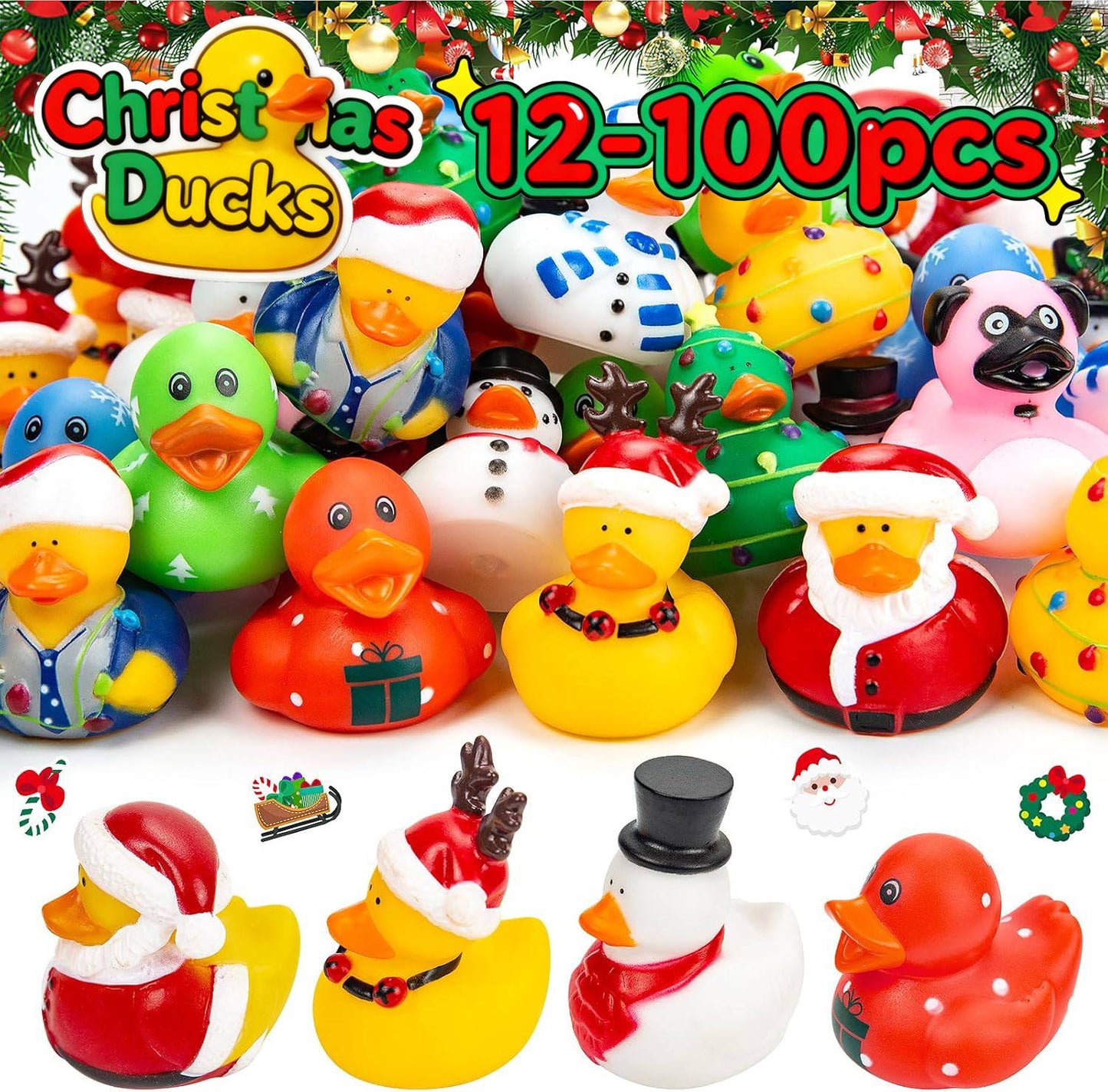 12-100pcs Christmas Rubber Ducks Bulk?Jeep Duckies Toys for for Kids Christmas Decor, Xmas Stocking Stuffers, Gift Exchange