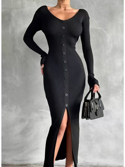 2025 Knitted Dress For Women Vintage Fashion Long Sleeve Dresses Solid Single Breasted V Neck Midi Autumn Winter Dress ???????