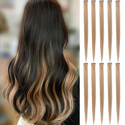 10Pcs Pink Clip in Hair Extensions Party Highlights Wig Synthetic Colored Straight Hairpiece for Girls Kids Christmas Party Use