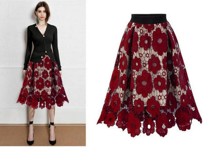 Summer Boho Lace Skirts Women Vintage Mesh Hollow Out Plus Size Skirt Elastic Waist Elegant  A-Line Midi Saias Black Red Green