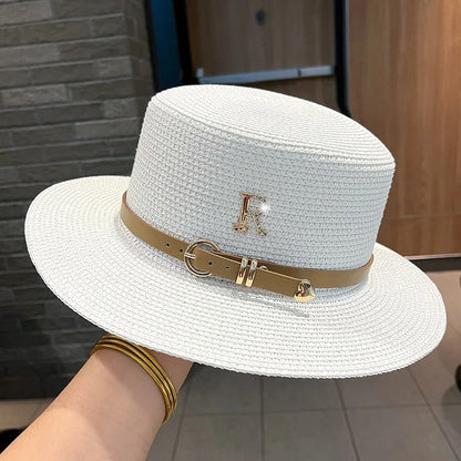 Rhinestone Straw Hat Women's Summer Beach Sunshade Hat Braided Straw Sunblock Hat French Belt Vintage Top Hat Sun Hats For Women