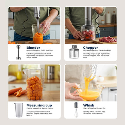 Liquidificador de Imersão Manual 4 em 1 ROUNY 1000W Potente, Mixer de Alimentos em Aço Inox, Copo Medidor de 700ml, Processador de 500ml, Batedor de Claras