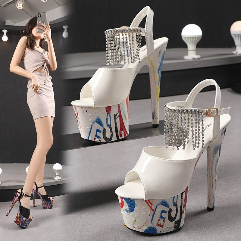 17CM Summer Shoes Women luxury Sandals Platform Ladies Shoes Stripper Womens High Heels Geometric Fluorescent Night light Heels