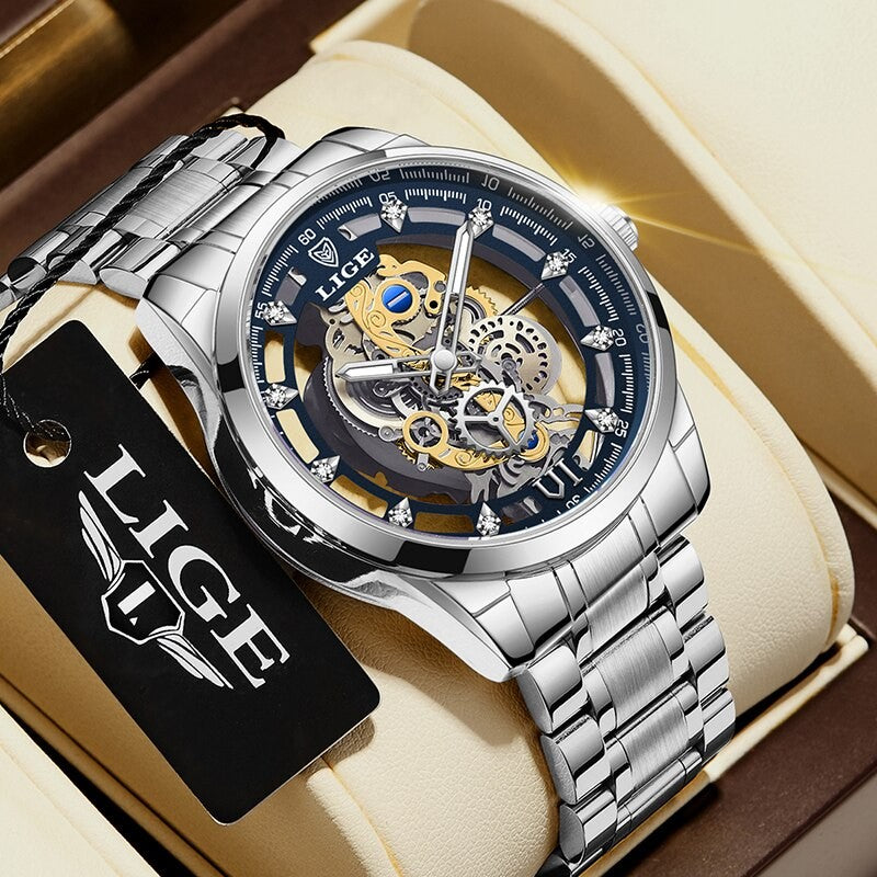 LIGE New Men Watch Skeleton Quartz Wristwatch Gold Skeleton Retro Man Watch Top Brand Luxury Clock Mens Watches Reloj Hombre
