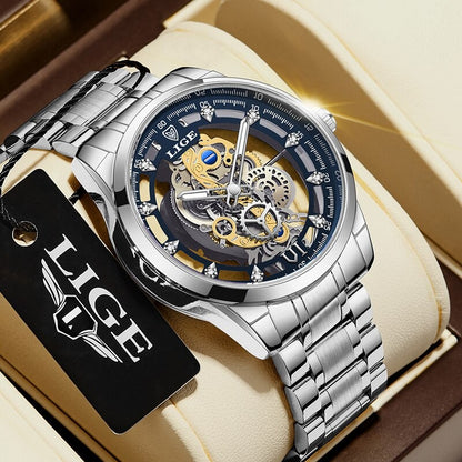 LIGE New Men Watch Skeleton Quartz Wristwatch Gold Skeleton Retro Man Watch Top Brand Luxury Clock Mens Watches Reloj Hombre