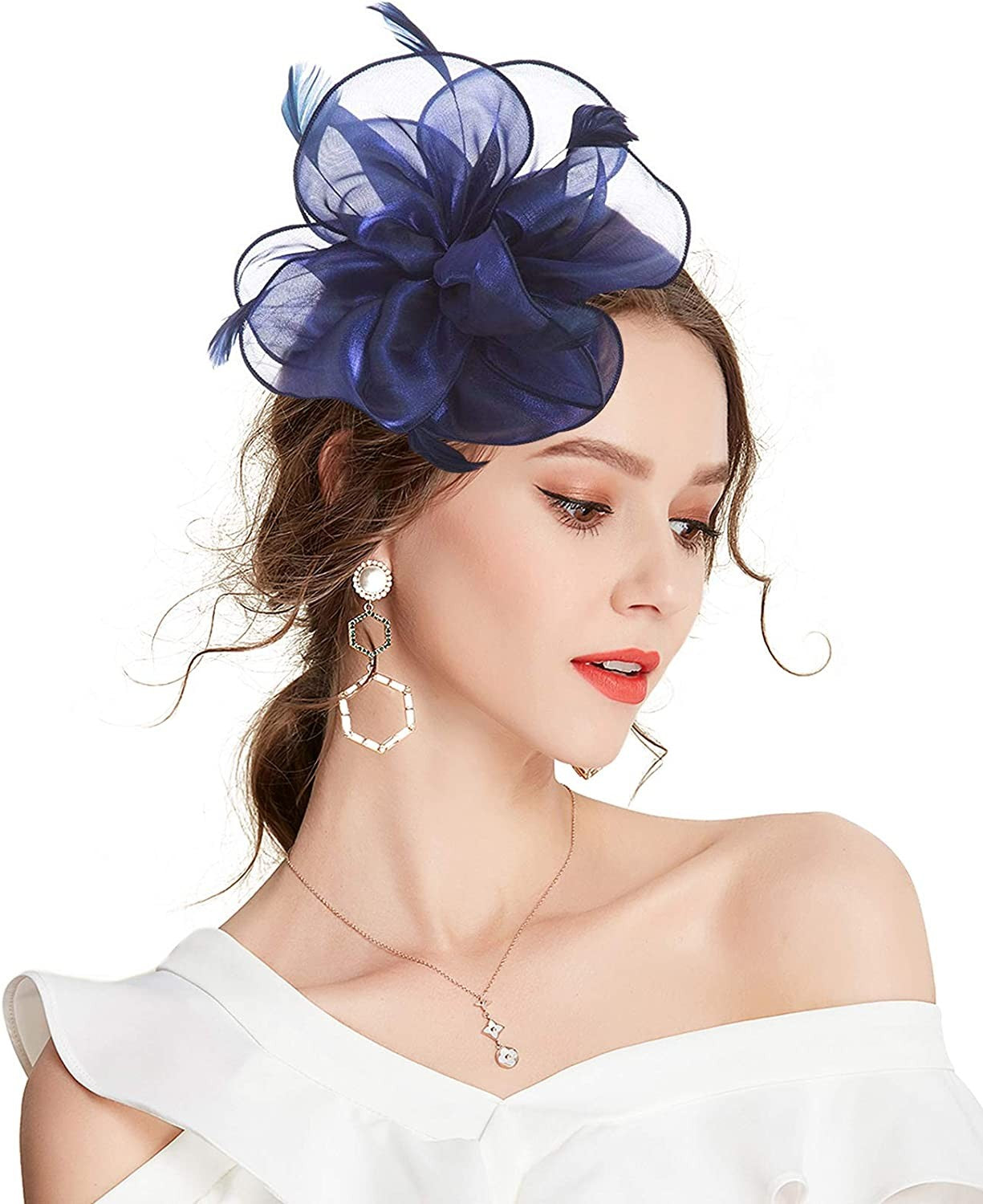 Novo Chapéu Fascinator de Organza Feminino com Flor de Pena Kentucky Derby Cocar Chapéu Pillbox para Casamento Chá da Tarde Acessórios de Cabelo com Clipe