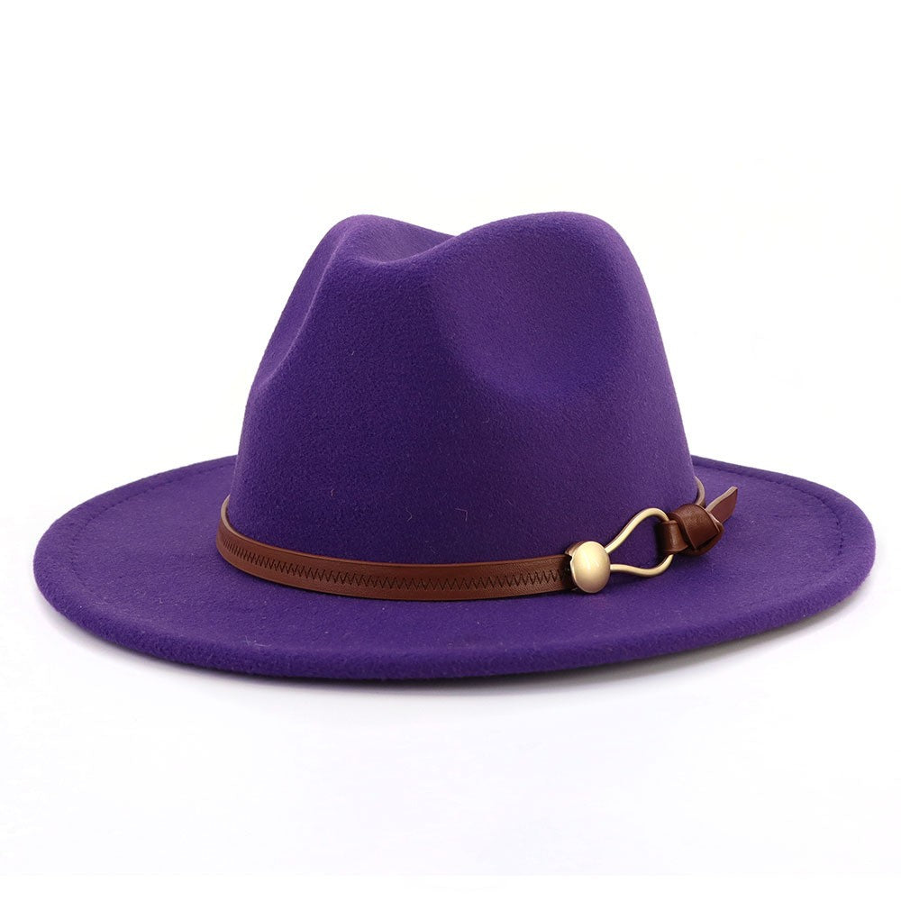 New Brown Belt Buckle Jazz Fedora Hat Autumn Winter Women Men Party Church Top Hat Wide Brim Sun Hat Felt Panama Cap