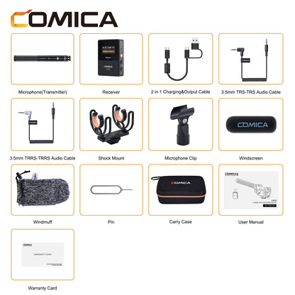 Comica VM30 2.4G Microfone Shotgun Sem Fio Supercardioide Microfone On-camera com Controle de Ganho para Câmera, Smartphone, Computador