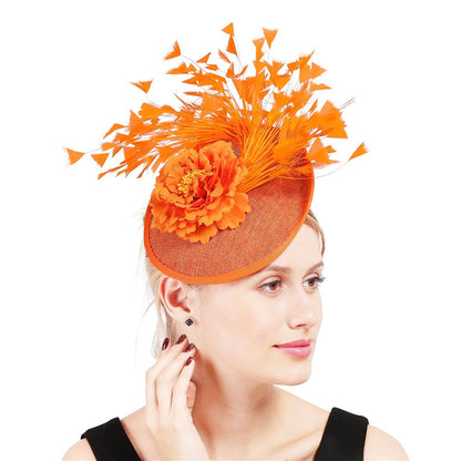 Chapéu de sol de aba grande com design de padrão de fio de cânhamo duplo, acessórios de pena, elegante chapéu de banquete, chapéu de praia para casamento ou férias, chapéu equestre
