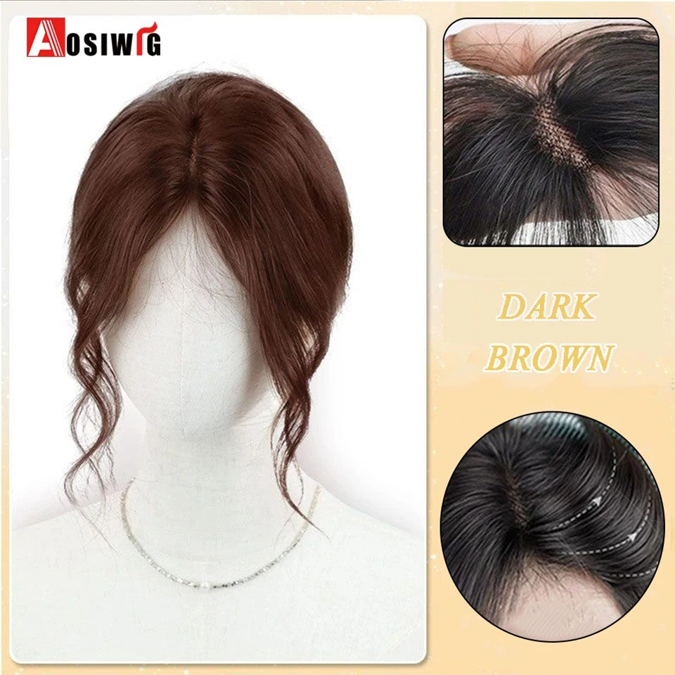 Perucas de cabelo encaracolado sintético AOSI castanho preto, substituição de extensões de cabelo tipo topete, apliques femininos com franja