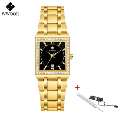 WWOOR Top Brand Luxury New Ladies Diamond Watch Fashion Square lady Wrist Watch Simple Women Dress Small Watch Relogio Feminino