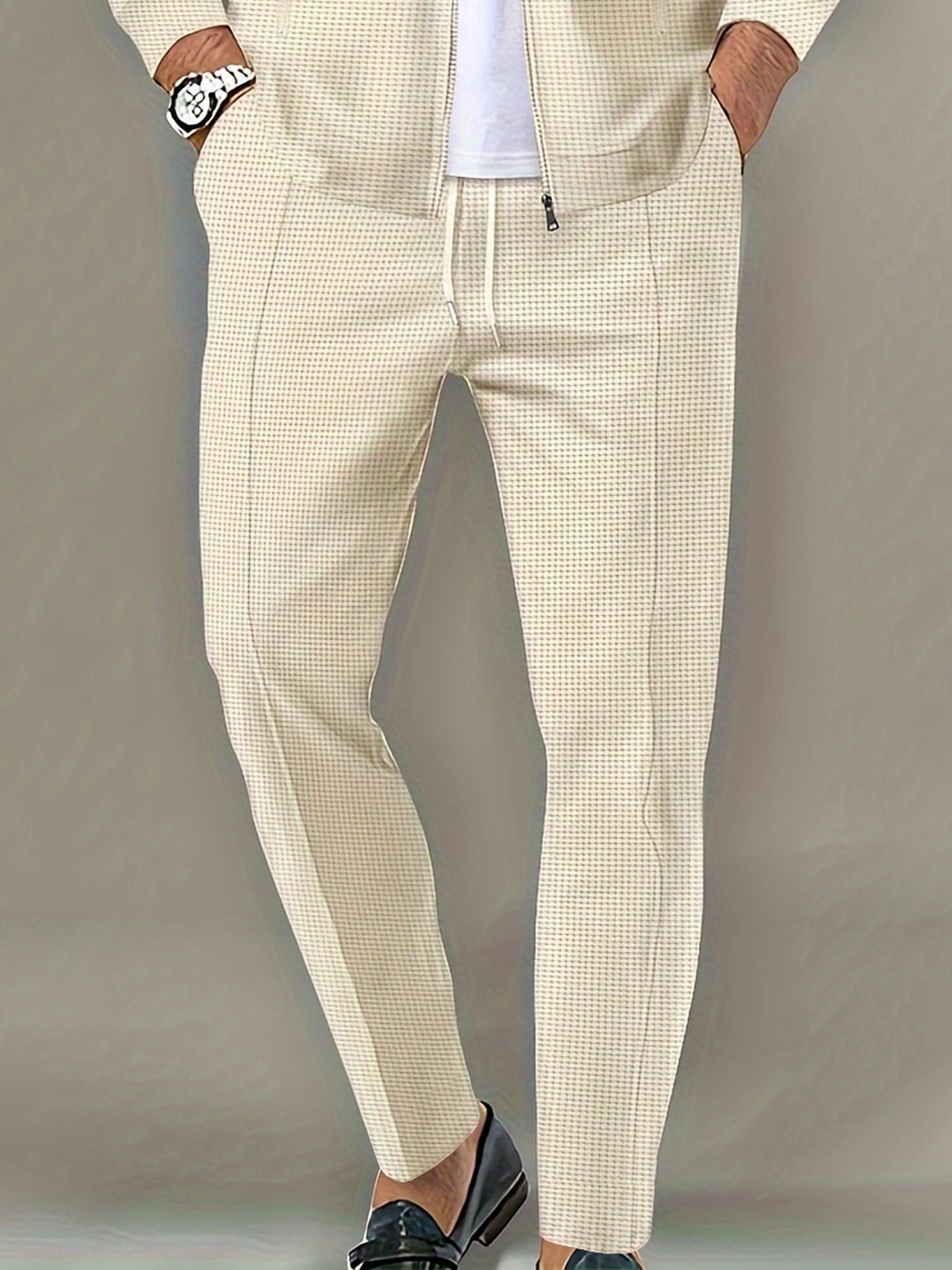 Calça Masculina Casual de Waffle de Cintura Média Calça Leve e Elegante Adequada para Todas as Estações