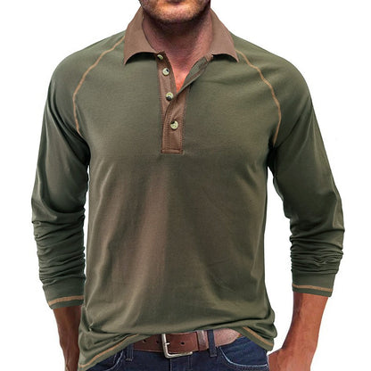 American Men's Autumn Long Sleeve Lapel Henley T-shirt POLO Basic Shirt  Mens Tops