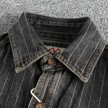 Heavy British retro black gray striped denim shirt for men new autumn end single cargo pocket shirt coat
